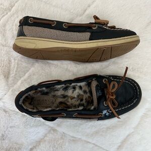 Sperry Black Leather Boat Shoes Size 6 Faux Fur Lined Cozy Slip On Loafers